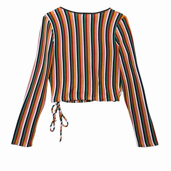 Caution to the Wind Striped Faux Wrap Crop Top Long Sleeve Junior Sz L - Picture 6 of 7